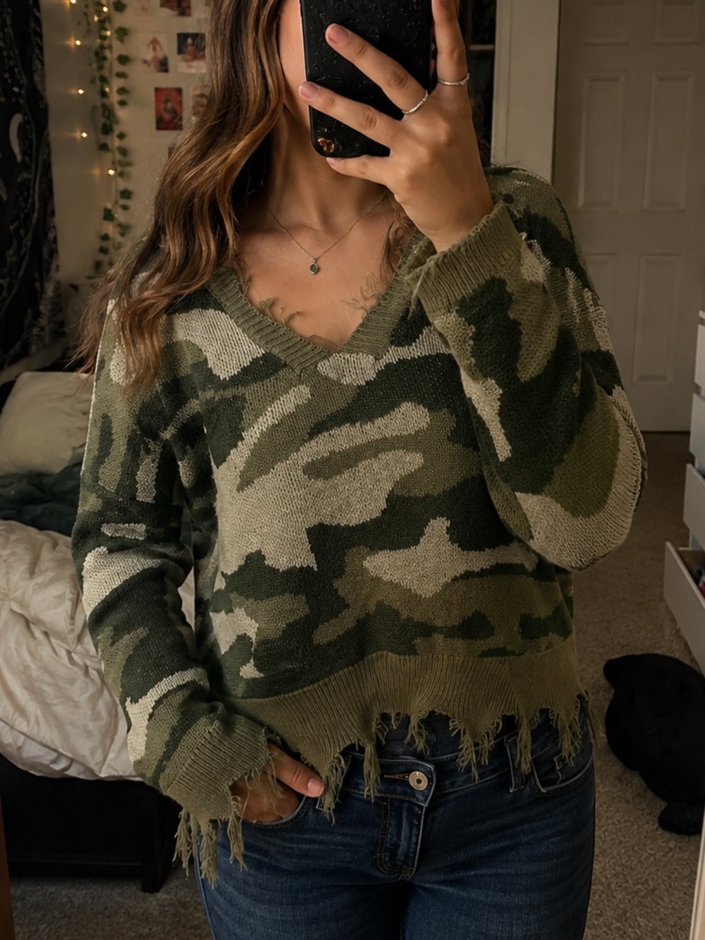 Fashion Nova Green Camo Off-the-Shoulder Distressed Sweater